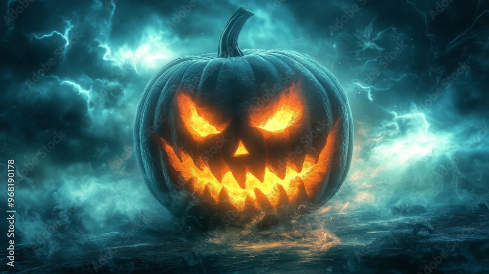 Naklejka premium Glowing Jack-o'-Lantern with Fiery Eyes and Grin in a Dark, Stormy Sky