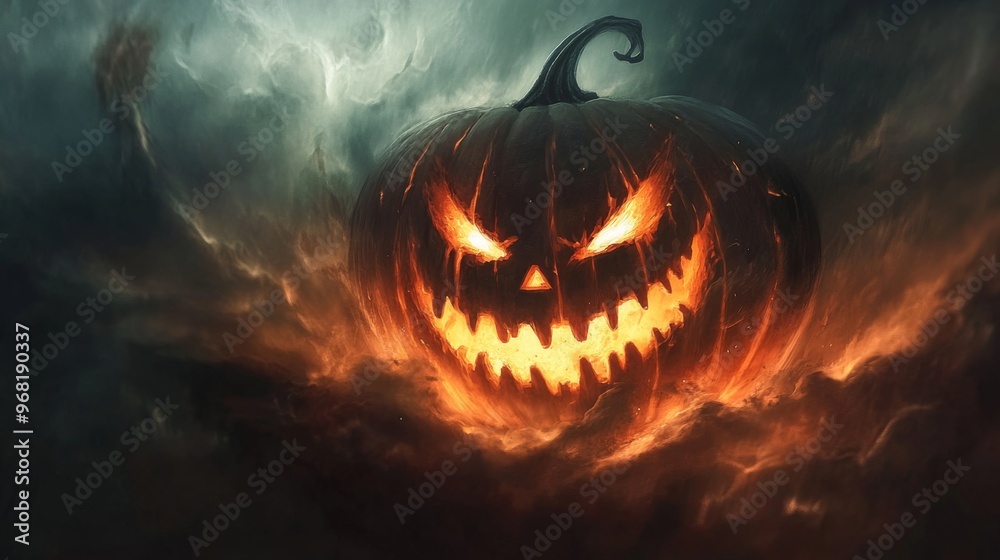 Fototapeta premium A Glowing Jack-o'-Lantern with a Sinister Grin Emerges from a Dark, Swirling Fog