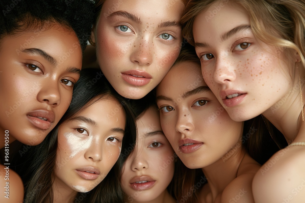 Four women with different skin tones and hair styles are shown in a row, Four women with different skin tones and hair styles are shown in a row,