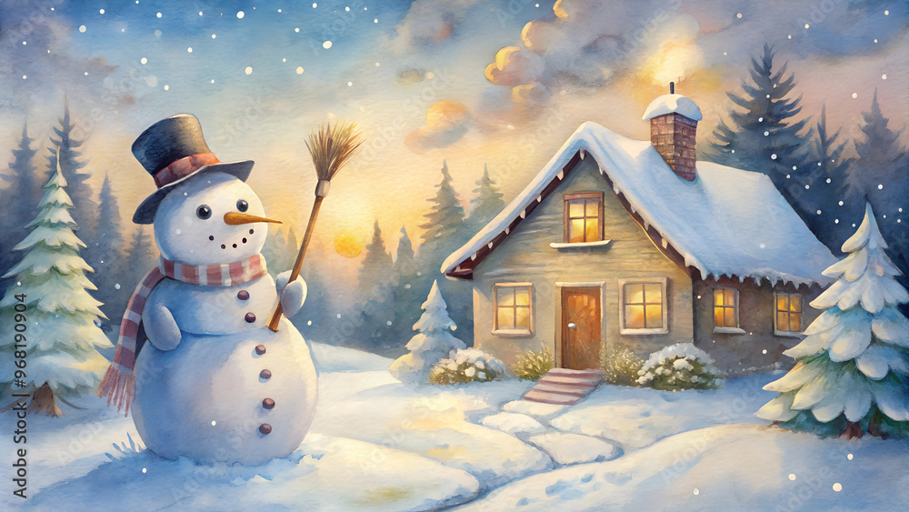 Obraz premium Snowman with broom in winter landscape near cozy cottage with smoke from chimney at sunset