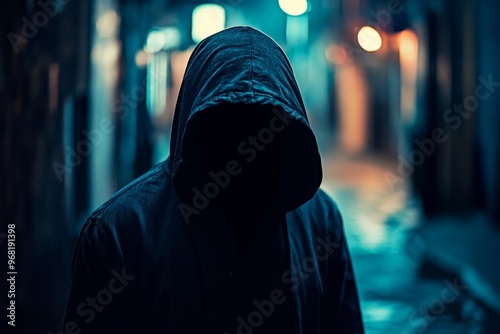 A hooded silhouette is seen advancing in a dim-lit, narrow urban passage, evoking feelings of suspense and mystery in the obscured, night-time atmosphere.