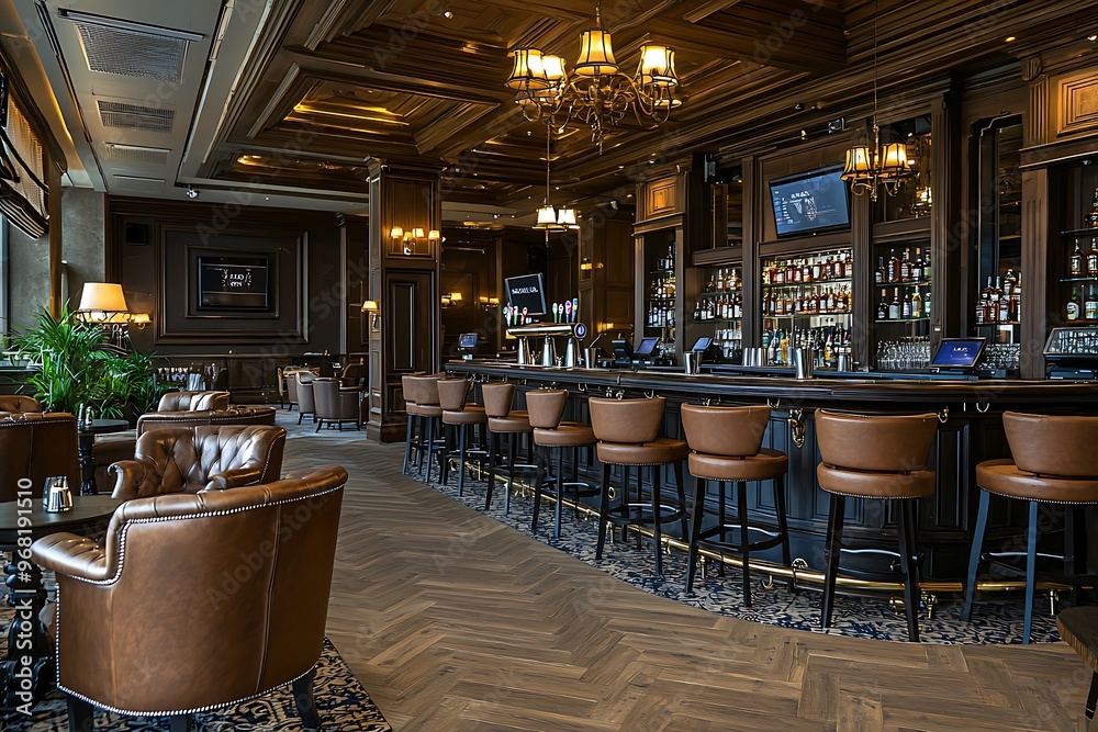 Large bar space in a luxury hotel, inviting for guests to enjoy.
