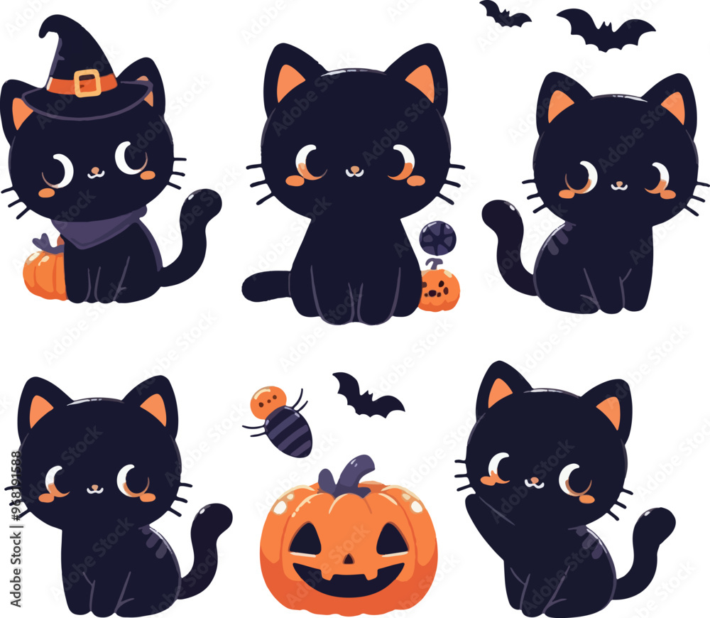 cute cartoon halloween black cat with witch hat and pumpkin cute cartoon halloween black cat with witch hat and pumpkin