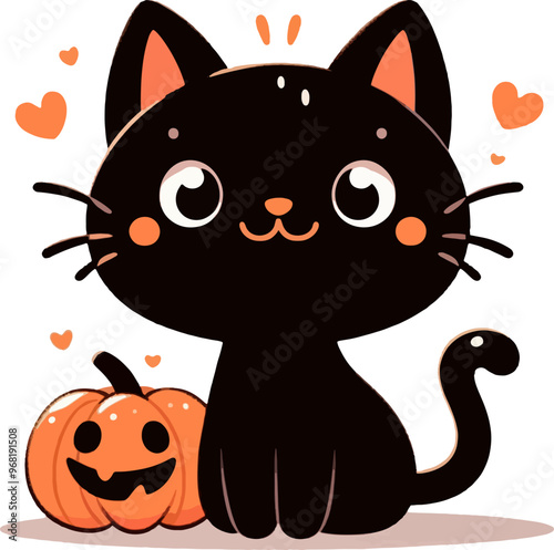 cute cartoon halloween black cat with witch hat and pumpkin