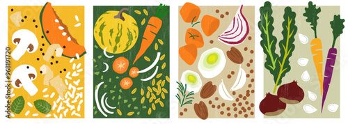 Vegetables and plant based ingredients. Vector Illustrations