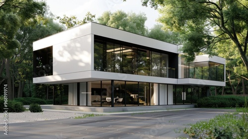 Modern House with Glass Windows and a Driveway in a Green Forest