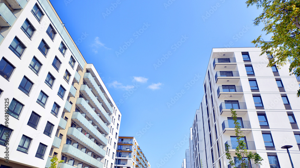 Fototapeta premium Modern architecture of urban residential apartment building. Apartment building exterior, residential house facade.