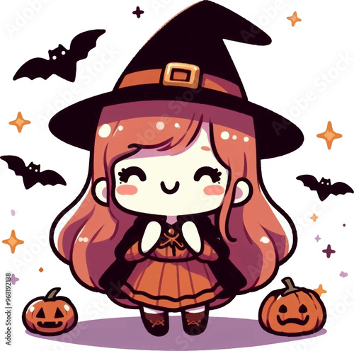 cute cartoon halloween witch with pumpkin, anime style vector illustration