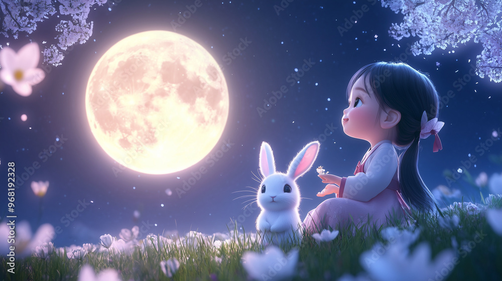 Korean Chuseok moon festival. a little girl and a rabbit, mid-autumn ...