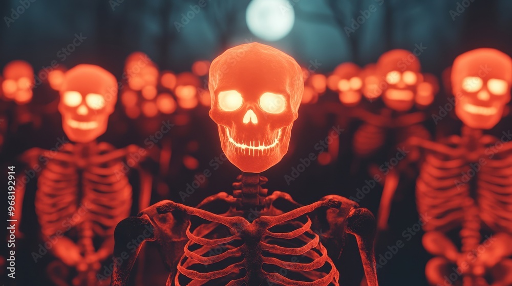 A haunting scene of glowing orange skeletons standing under a full moon, creating an eerie atmosphere for Halloween themes. A haunting scene of glowing orange skeletons standing under a full moon, creating an eerie atmosphere for Halloween themes.