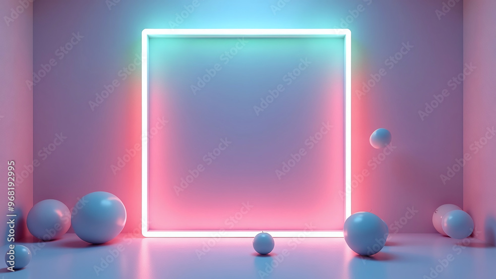 Neon Square Frame with Spherical Shapes