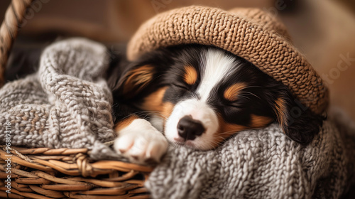 a sleepy border collie puppy cuddled up in a basket of warm blankets, wearing a knitted hat photo