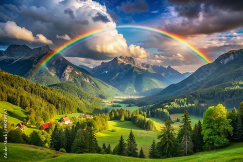 Landscape nature mountan in Alps with rainbow.  photo