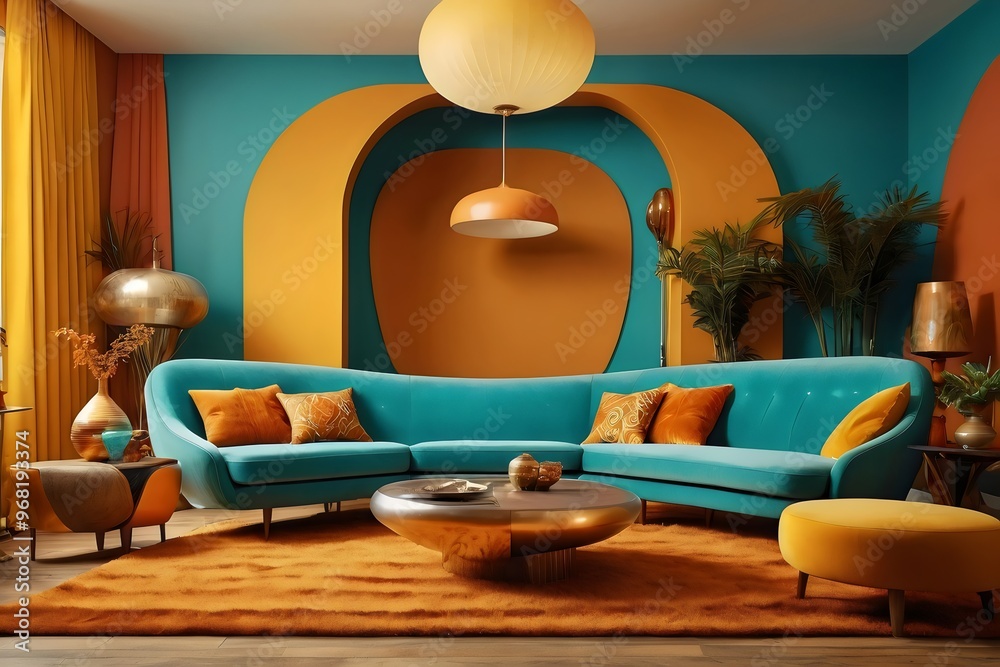 Obraz premium Modern living room, home interior design with comfortable sofa and plants, walls, cozy carpet, and coffee table. Generative AI.