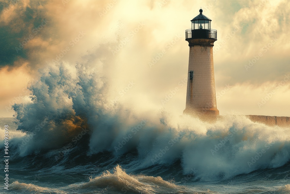 A lighthouse stands resilient as giant waves crash against its walls, illustrating the power of nature versus human engineering amidst a stormy sea backdrop. A lighthouse stands resilient as giant waves crash against its walls, illustrating the power of nature versus human engineering amidst a stormy sea backdrop.