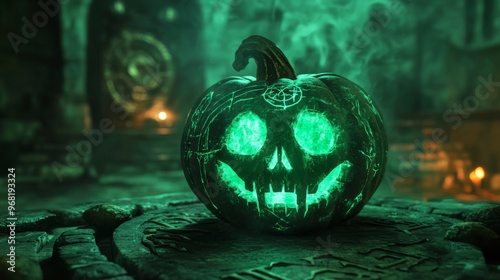 Glowing Green Skull-Carved Pumpkin in Dark Atmosphere