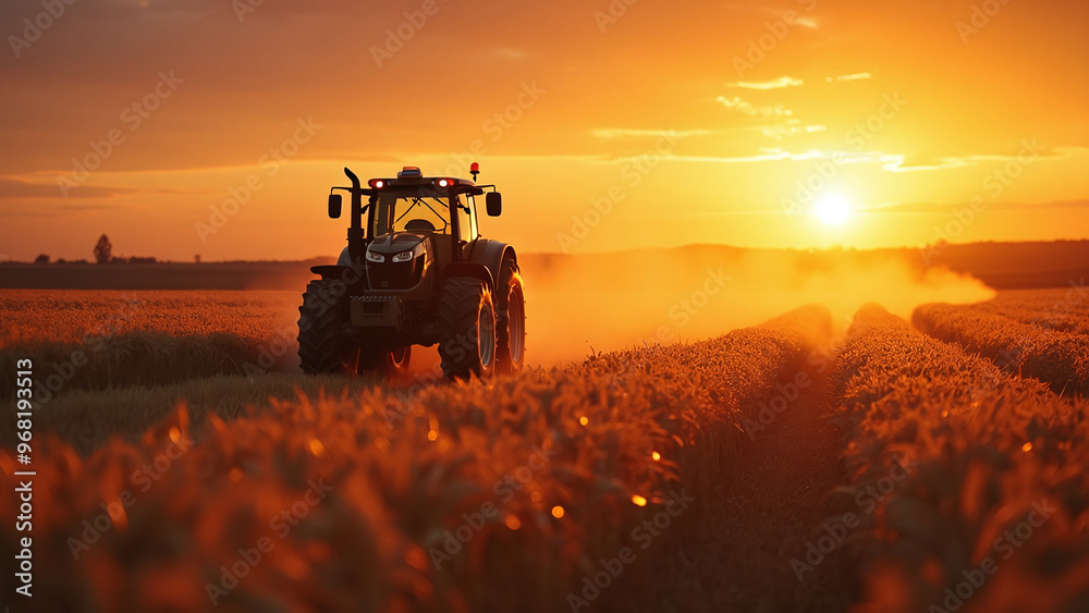 Fototapeta premium Tractor in Field at Sunset