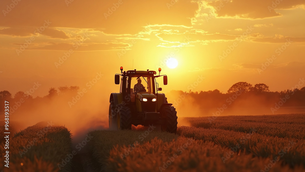 Obraz premium Tractor in Field at Sunset