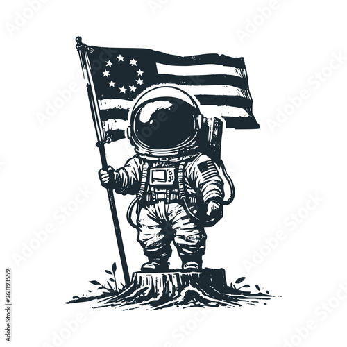 Cute astronaut holding an old US America flag. Black white vector. Icon and logo illustration.