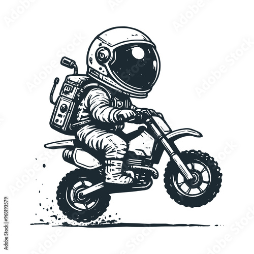 Cute astronaut riding motor bike. Black white vector. Icon and logo illustration.