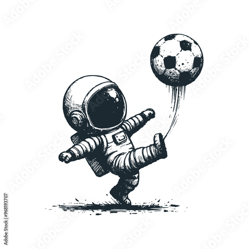 Cute astronaut playing football soccer. Black white vector icon and logo illustration.