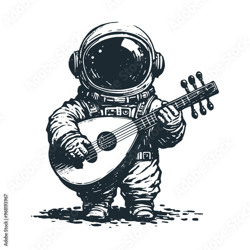 Cute astronaut playing oud arabic guitar. Black white vector. Icon and logo illustration.
