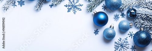 Blue Christmas Ornaments and Snowflakes on a White Background