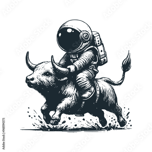 Cute astronaut riding a bull . Black white vector. Icon and logo illustration.