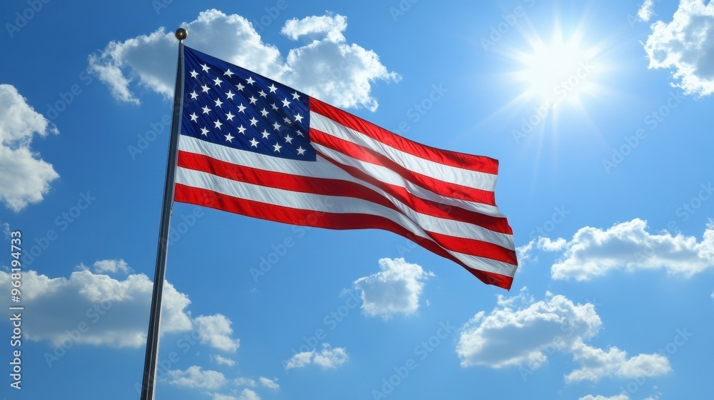 The American flag flutters gently against a backdrop of bright clouds and a shining sun, embodying national pride and unity The American flag flutters gently against a backdrop of bright clouds and a shining sun, embodying national pride and unity