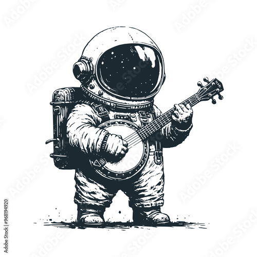 Cute astronaut playing oud arabic guitar. Black white vector. Icon and logo illustration.
