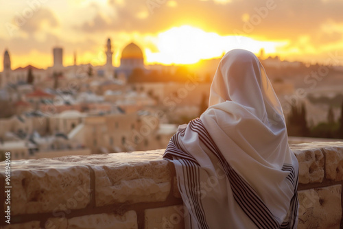 Jewish man in tallit at Yom Kippur. Rosh Hashanah. photo