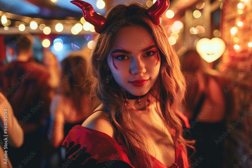 Young woman dressed up as a devil at a Halloween party. Woman in witch costume. Young woman dressed up as a devil at a Halloween party. Woman in witch costume.