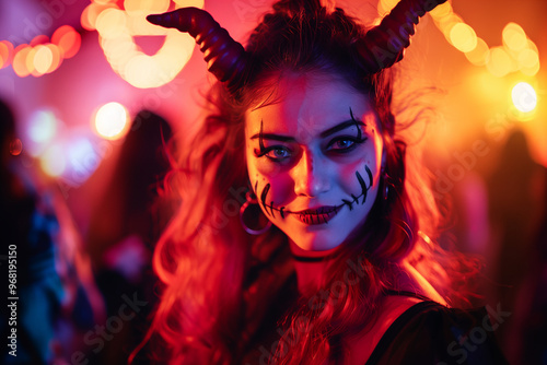 Young woman dressed up as a devil at a Halloween party. Woman in witch costume.