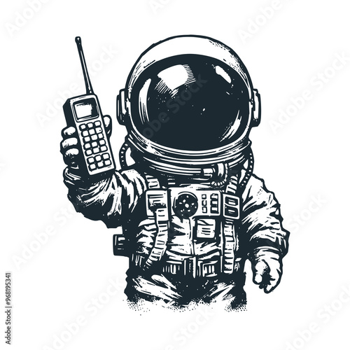 Cute astronaut hold a handy talky. Black white vector. Icon and logo illustration.