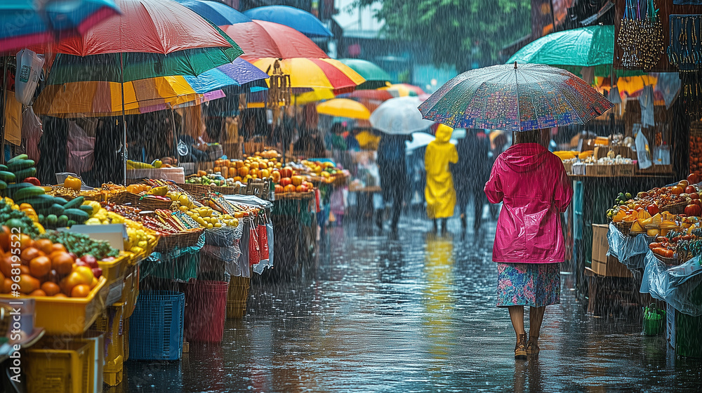 Vibrant Outdoor Market In The Rain With Shoppers And Bright Umbrellas Vibrant Outdoor Market In The Rain With Shoppers And Bright Umbrellas