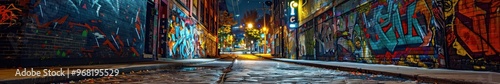 Urban alley at night filled with vibrant graffiti, capturing the essence of street art. Free copy space for banner.