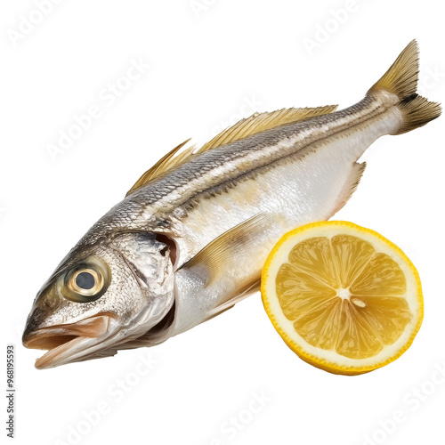 Fresh fish with lemon slice on a white background, transparent