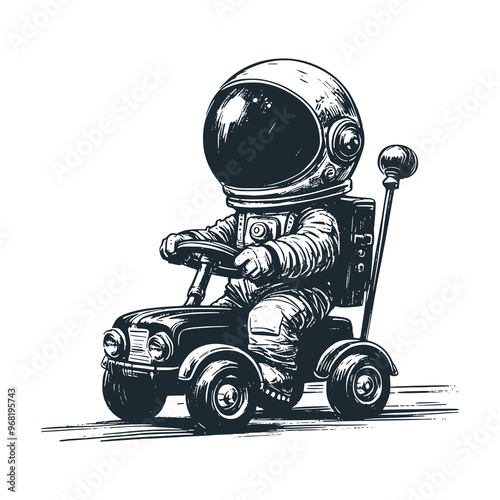 Cute astronaut riding pedal car toys. Black white vector. Icon and logo illustration.