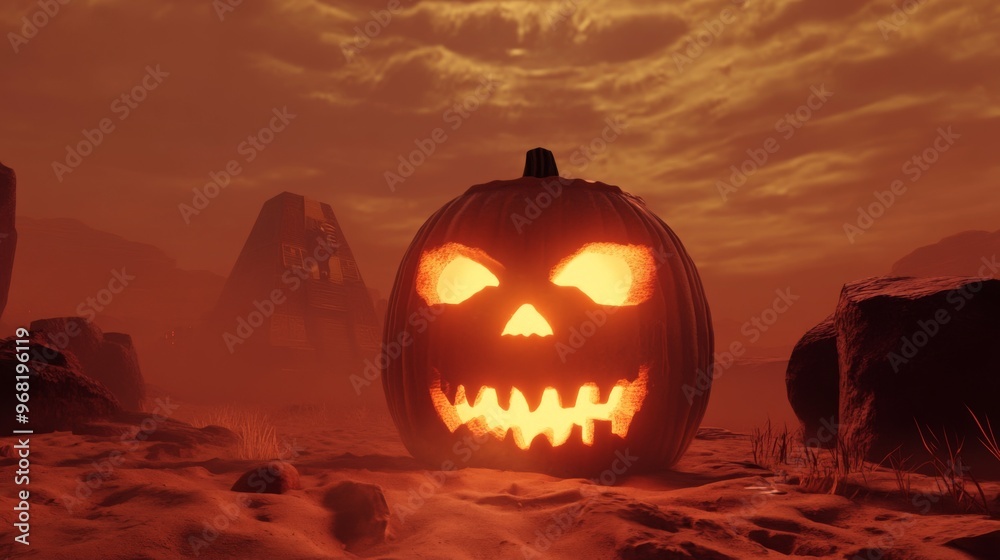 Fototapeta premium Glowing Jack-o'-lantern in a Martian-Like Landscape