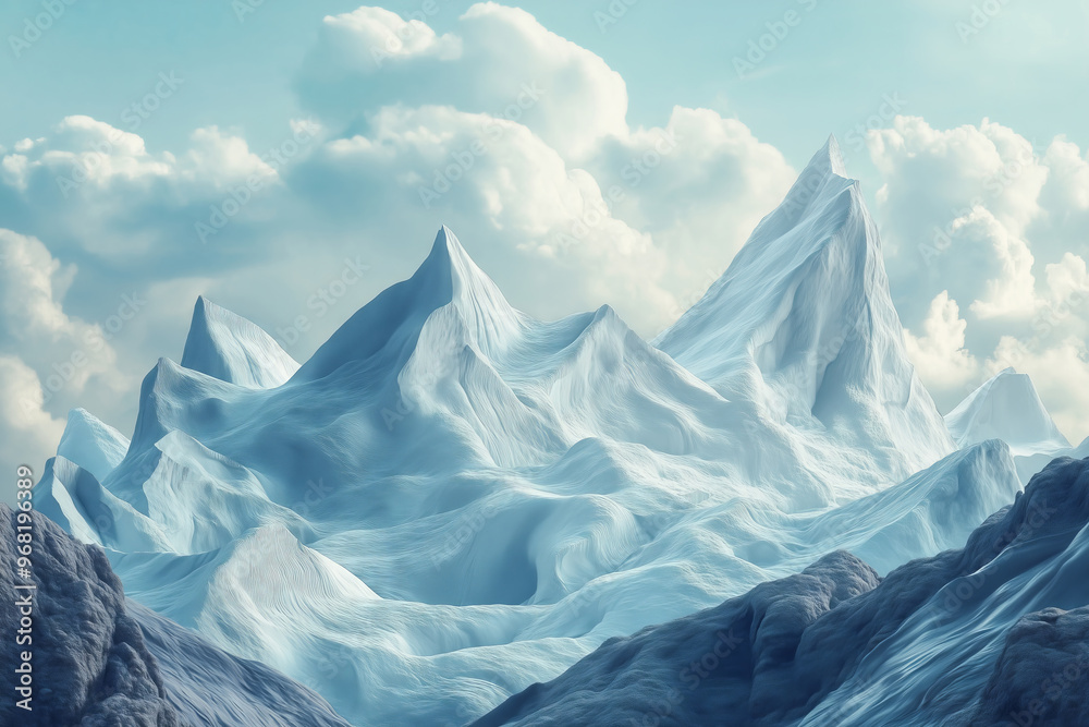 Obraz premium A dreamy winter wonderland featuring surreal ice mountains illuminated by soft sunlight at dawn
