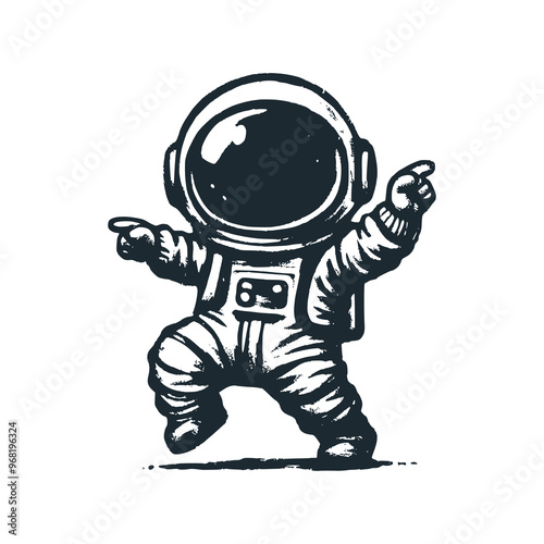 Cute astronaut jumping happily. Black white vector icon and logo illustration.