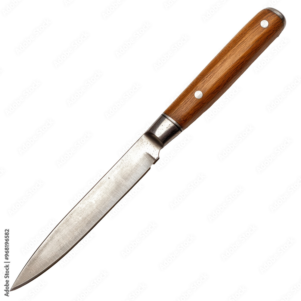 Sharp blade with wooden handle resting on a table, transparent Sharp blade with wooden handle resting on a table, transparent