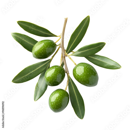 Fresh green olives on a branch with leaves, transparent