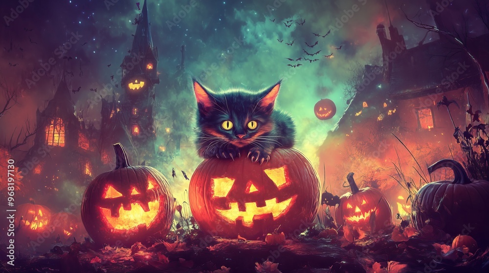 A poster for a halloween party with a cat and pumpkins