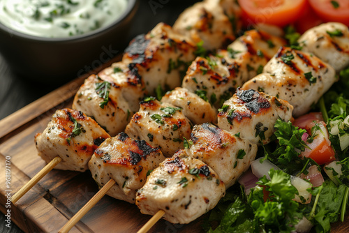 Savory chicken souvlaki kebabs served with herbed yogurt sauce and fresh vegetables on a rustic wooden platter