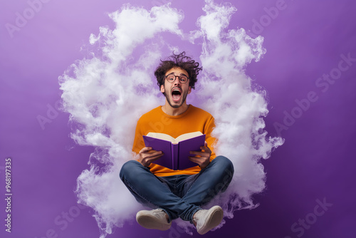 An excited person immersed in a whimsical cloud of inspiration while reading a book against a vibrant purple backdrop photo