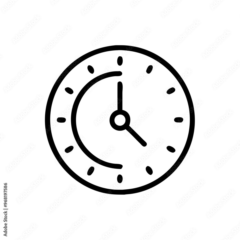 Round clock illustration, minimalistic design, black outline on white background Round clock illustration, minimalistic design, black outline on white background