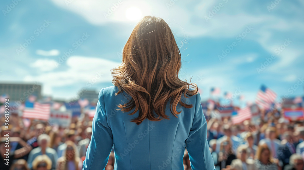 Female American Presidential candidate speaking to a crowd at a political rally / Woman for President Female American Presidential candidate speaking to a crowd at a political rally / Woman for President