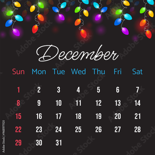 Calendar for December 2024 with Christmas lights on dark background. December 2024 Calendar vector illustration with colored Christmas lights. Calendar Template For December 2024.