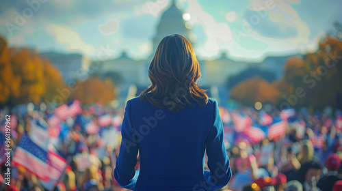 Female American Presidential candidate speaking to a crowd at a political rally / Woman for President
